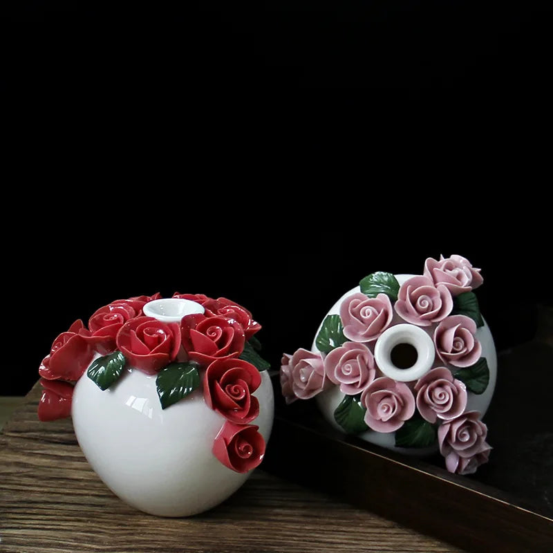 Vaso Decorativo de Cerâmica Pintado à Mão — Mini Vaso com Flores Secas para Mesa