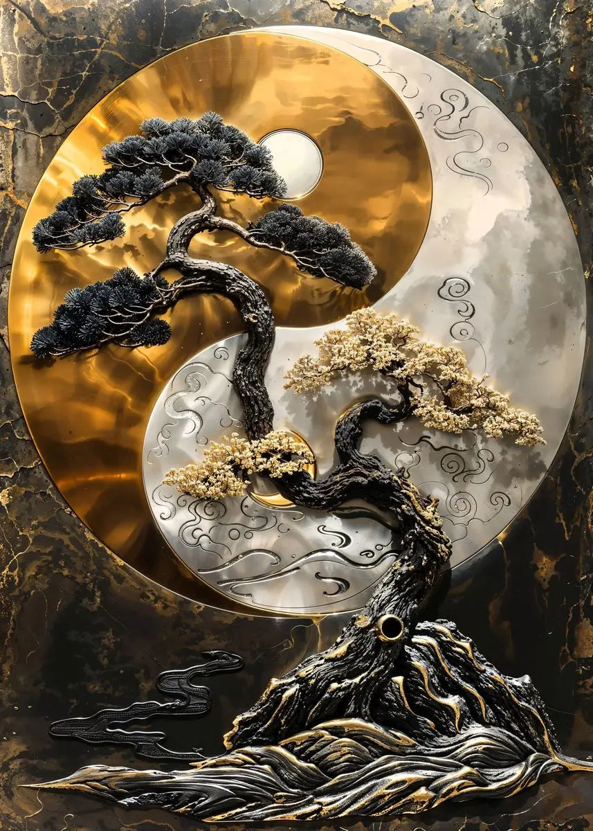 Quadro Decorativo Árvore Dourada e Lua — Arte Abstrata Zen