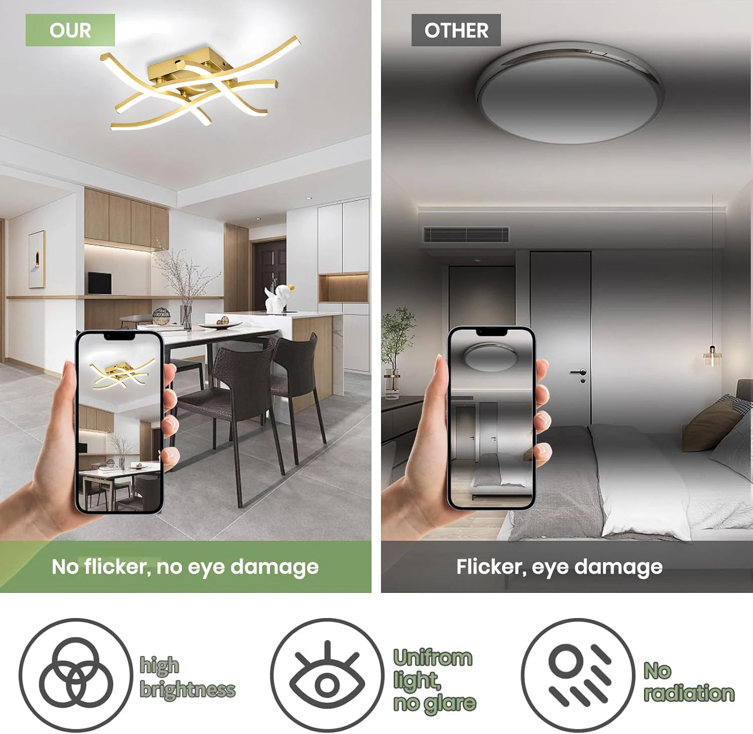 Luminária de Teto LED Ondulada Embutida — 3 Tons de Luz para Sala, Quarto e Corredor