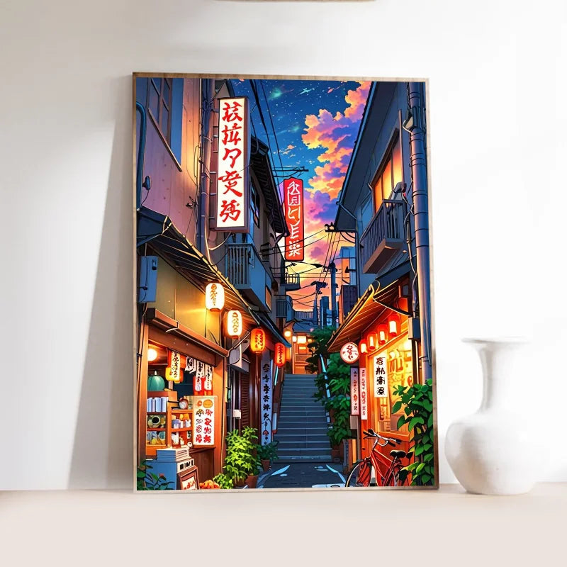 Quadro Decorativo Rua Japonesa Estilo Mangá — Arte Noturna para Sala e Café