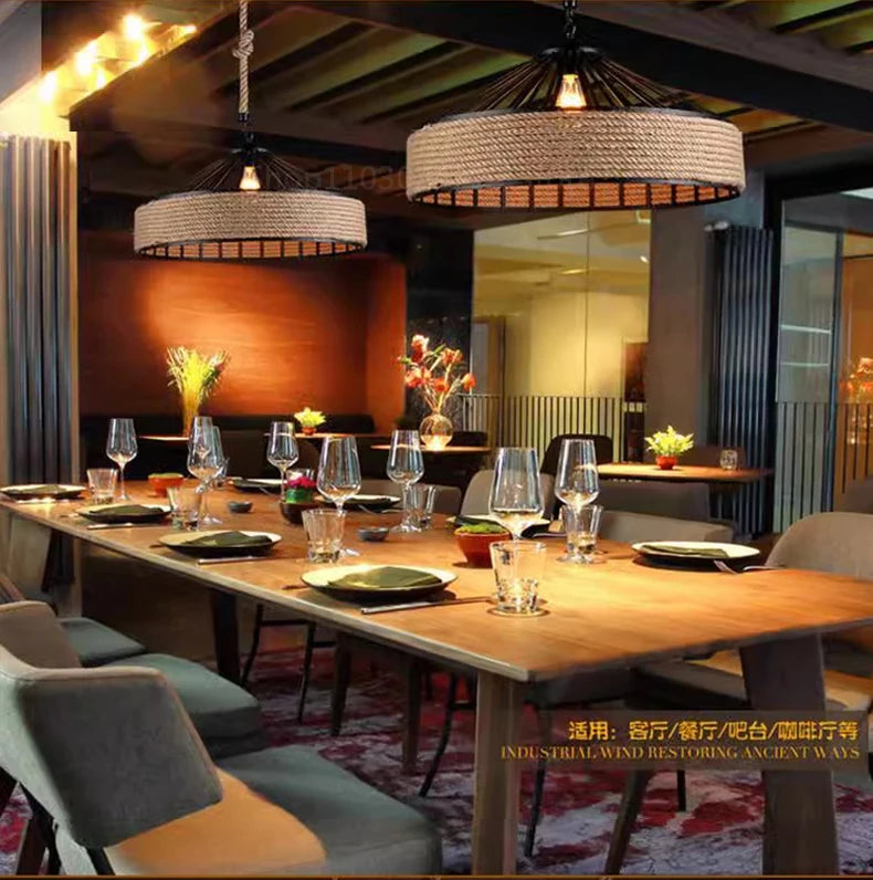 Lustre Pendente de Corda de Sisal — Luminária Industrial Retrô para Sala de Jantar