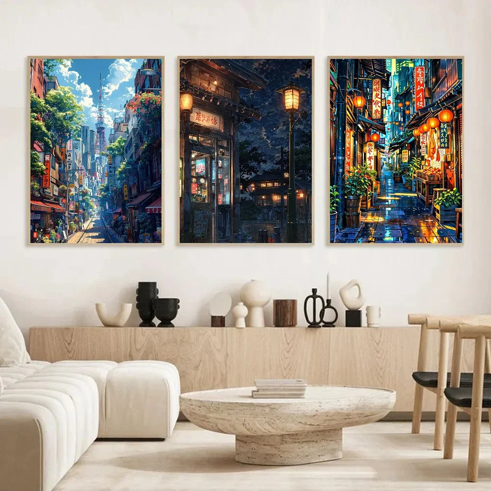 Quadro Decorativo Rua Japonesa Estilo Mangá — Arte Noturna para Sala e Café