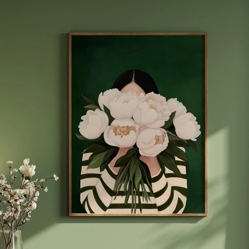 Quadro Decorativo Mulher Abstrata com Flores — Arte Minimalista Japandi para Sala