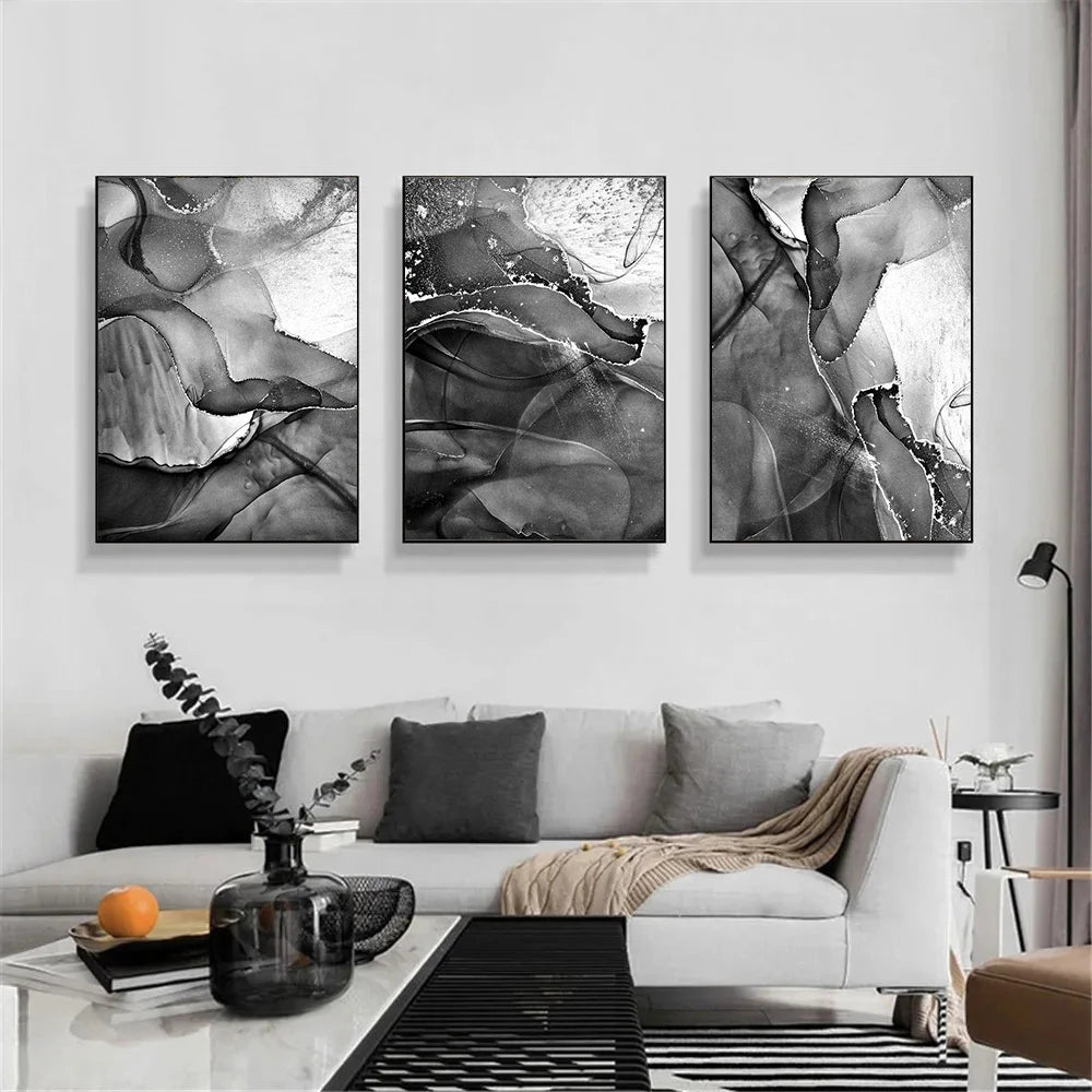 Quadro Canvas Mármore Abstrato Preto e Branco — Poster Nórdico para Sala e Quarto