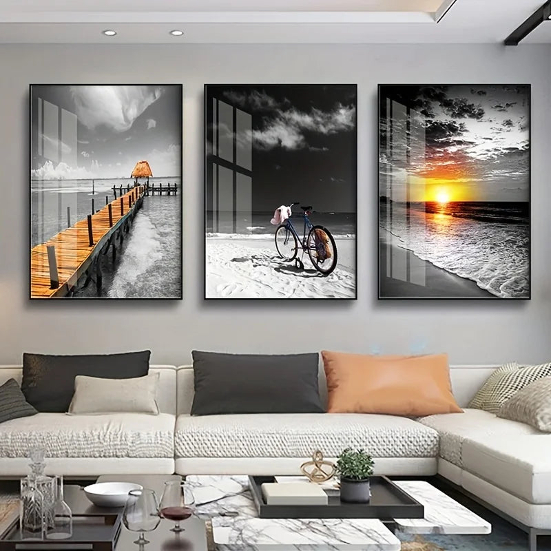 Kit 3 Quadros Canvas Praia ao Nascer do Sol — Paisagem Preto e Branco para Sala e Quarto