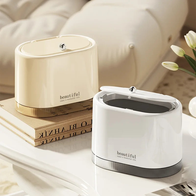 Mini Lixeira de Mesa com Tampa de Pressão — Compacta Multiuso para Escritório e Banheiro