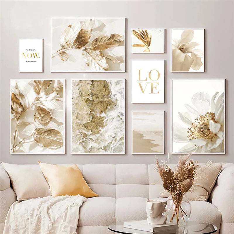 Quadro Decorativo Praia Dourada — Arte de Paisagem Nórdica Moderna para Sala