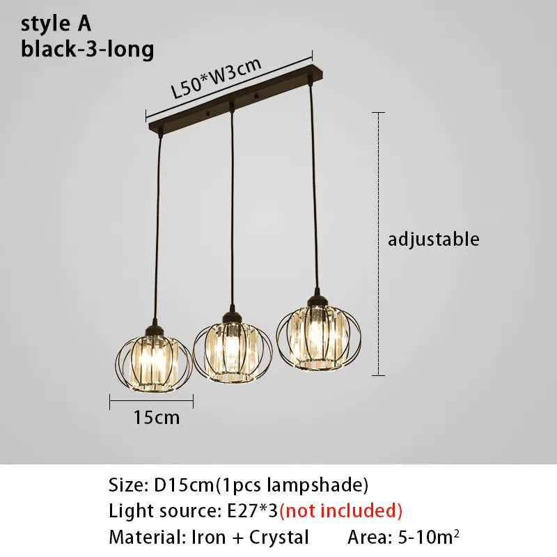 Lustre de Cristal LED Pendente — Luminária Nórdica Preta para Sala de Jantar