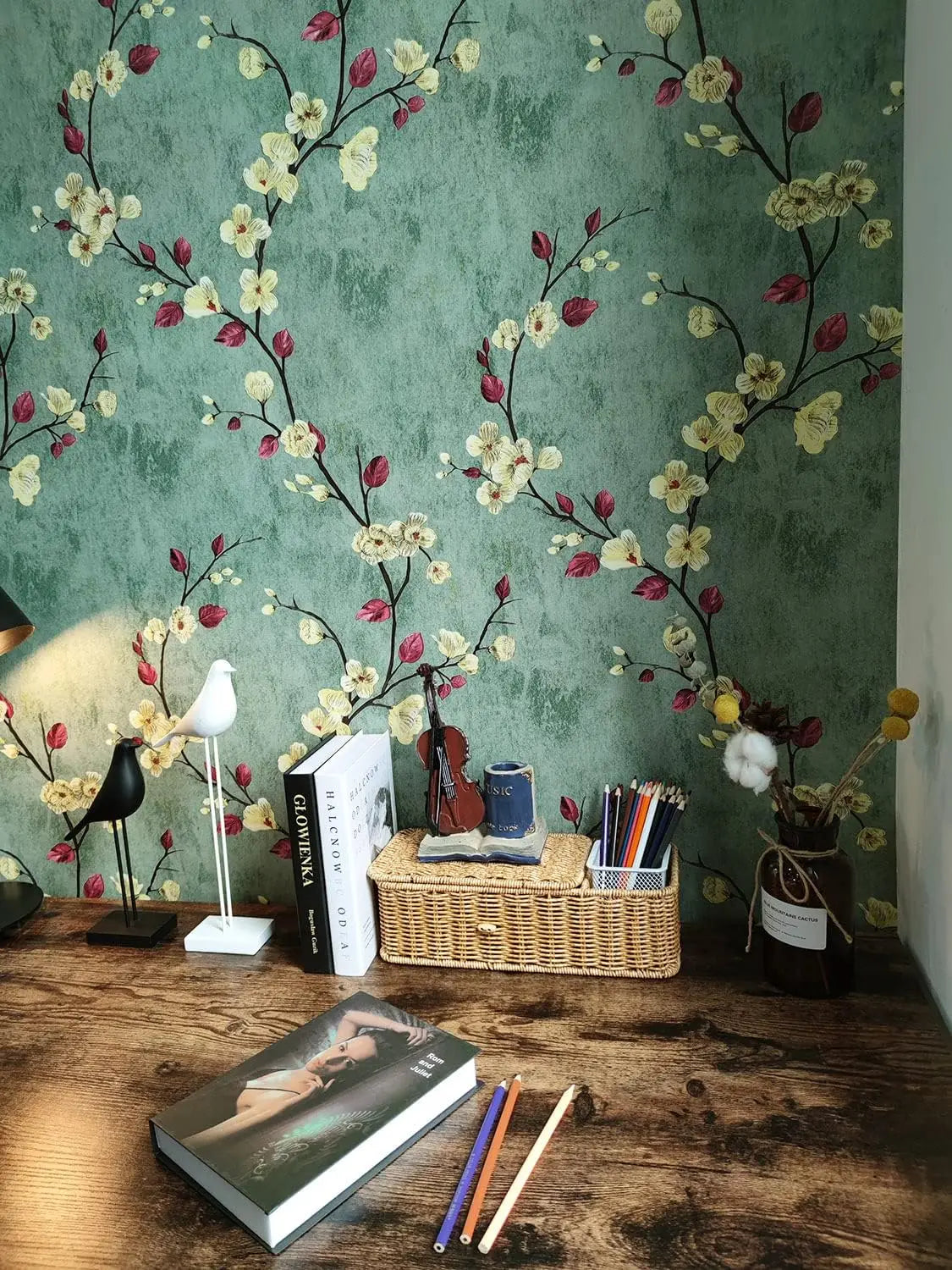 Papel de Parede Floral Verde Autocolante Removível — Impermeável para Quarto e Sala