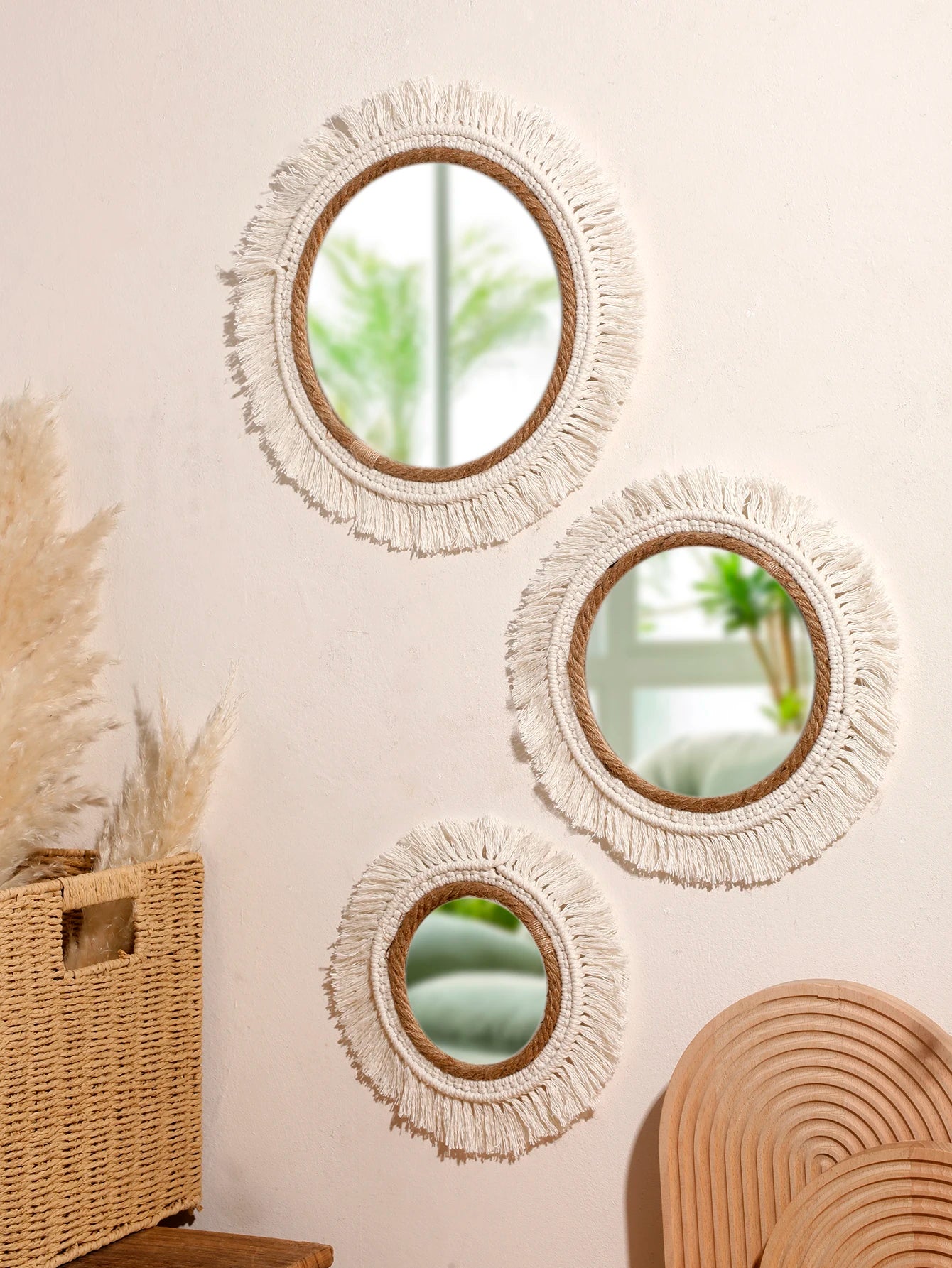 Espelho Decorativo Boho Tecido Trançado Redondo — Tapeçaria para Quarto e Sala