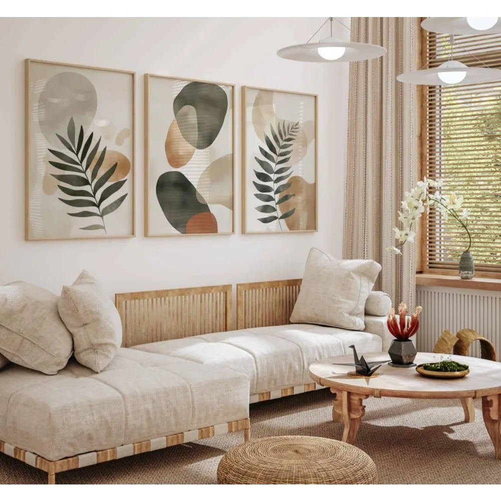 Kit 3 Quadros Bohemian Plants — Arte Abstrata Bege Neutro Minimalista Sem Moldura