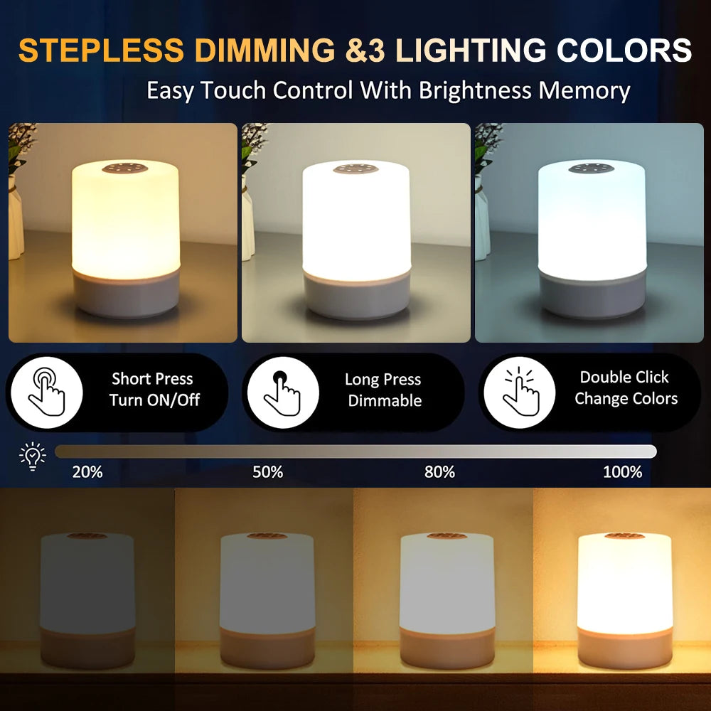 Luminária de Mesa Touch com Luz Noturna — 3 Modos Reguláveis e Recarregável para Quarto