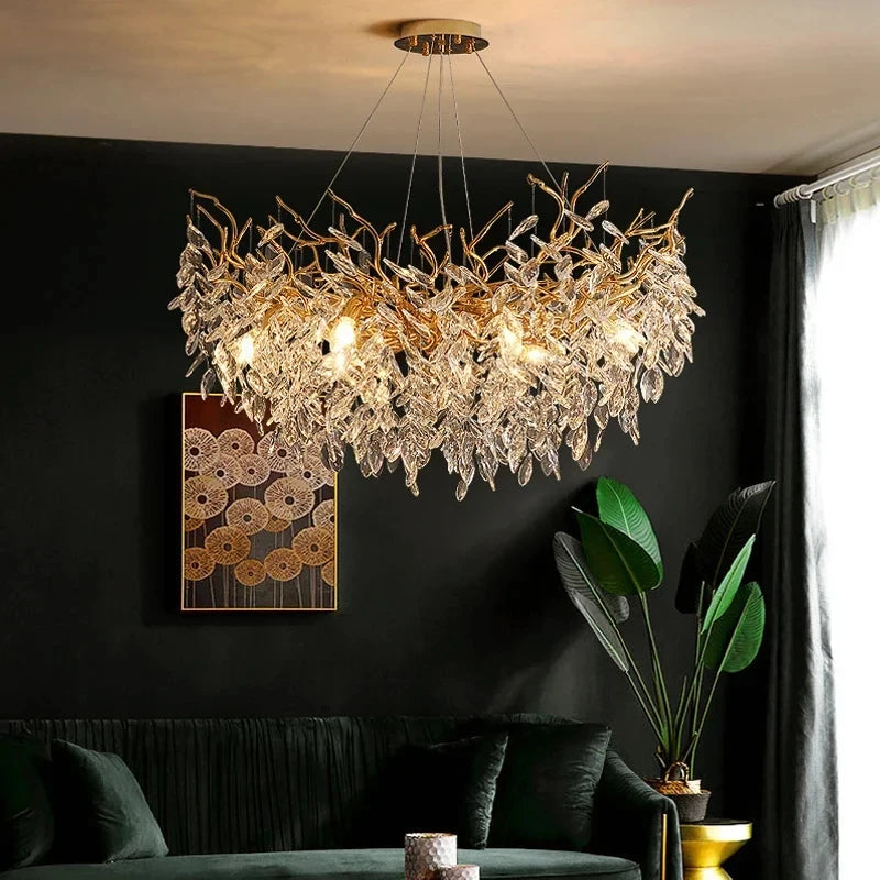 Lustre de Cristal Dourado LED — Pendente de Luxo para Sala
