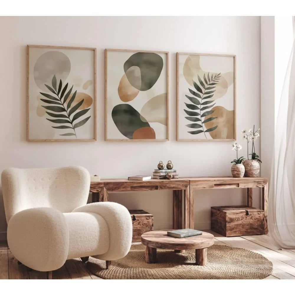 Kit 3 Quadros Bohemian Plants — Arte Abstrata Bege Neutro Minimalista Sem Moldura