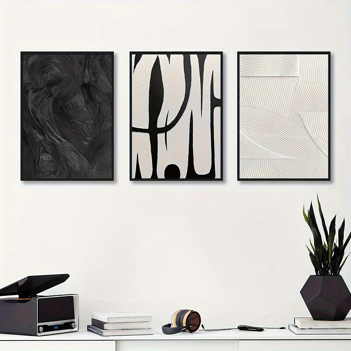 Kit 3 Quadros Abstratos Preto e Branco — Arte em Textura para Decoração