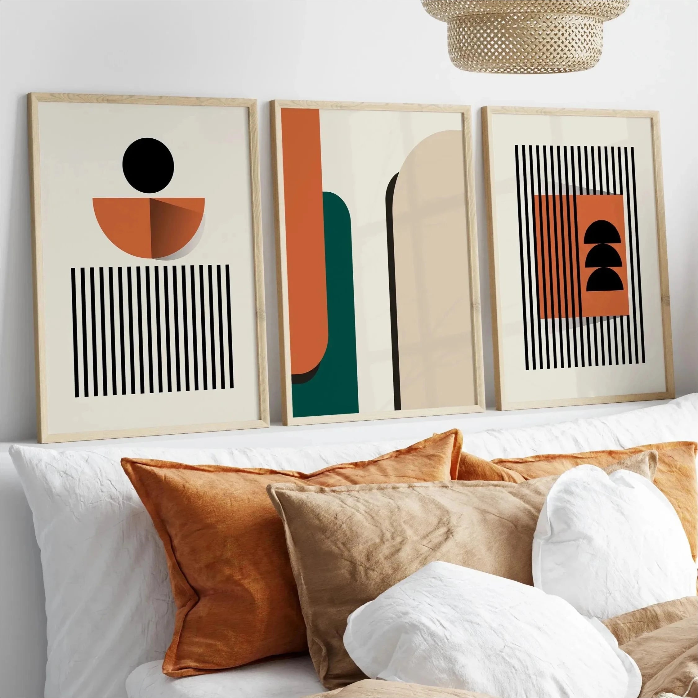 Kit 3 Quadros Geométrico Bauhaus Laranja e Bege — Arte Boho para Sala