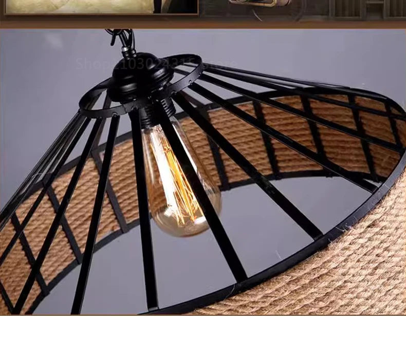 Lustre Pendente de Corda de Sisal — Luminária Industrial Retrô para Sala de Jantar