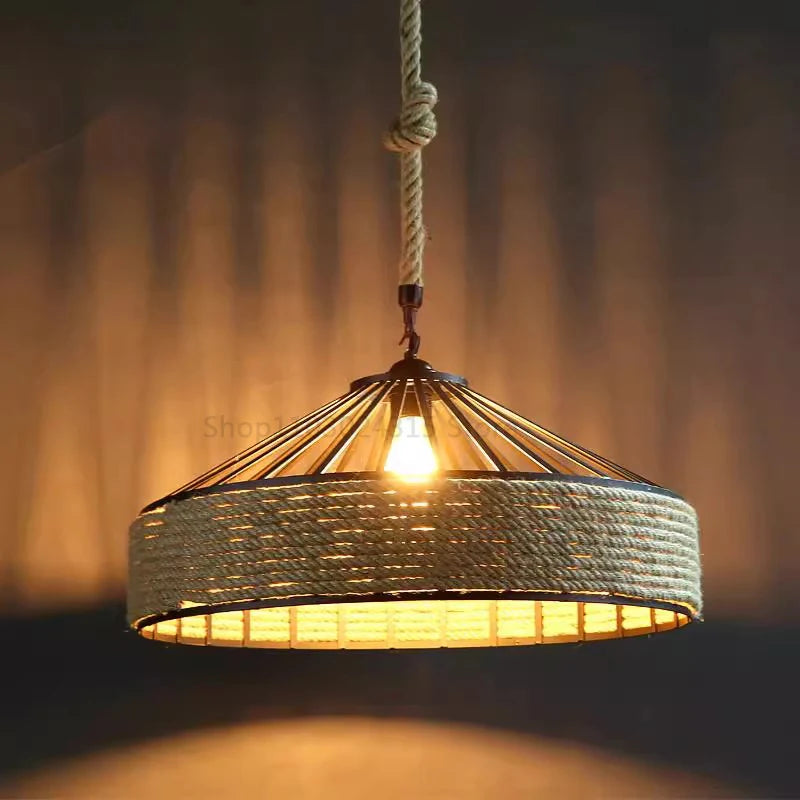 Lustre Pendente de Corda de Sisal — Luminária Industrial Retrô para Sala de Jantar
