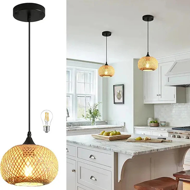 Pendente Bambu Rattan Natural — Luminaria Suspensa Artesanal