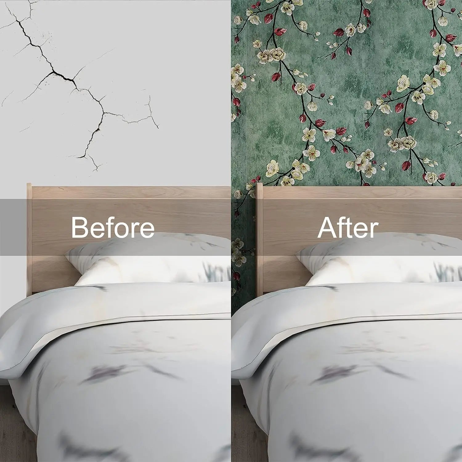 Papel de Parede Floral Verde Autocolante Removível — Impermeável para Quarto e Sala