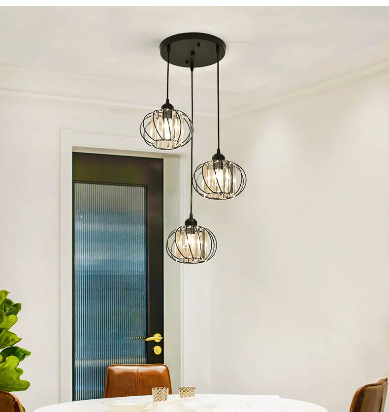Lustre de Cristal LED Pendente — Luminária Nórdica Preta para Sala de Jantar