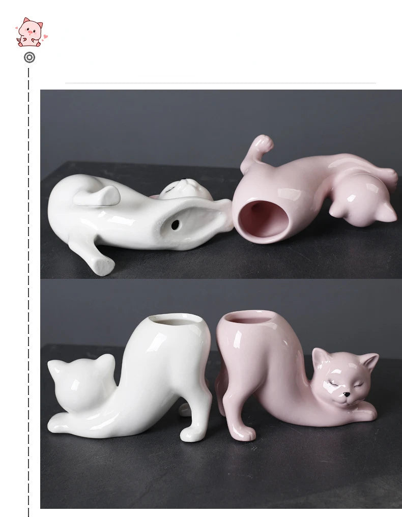 Vaso Cerâmica Gato Cartoon Fofo — Porta-Suculentas e Flores para Decoração