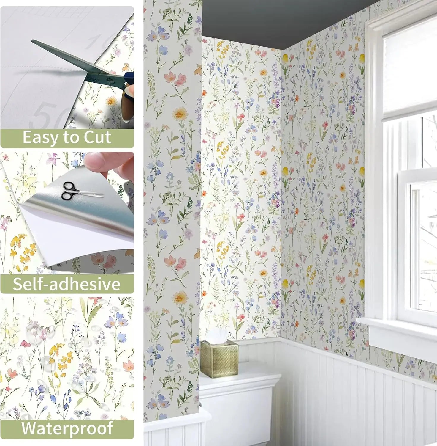 Papel de Parede Boho Floral com Folhas Removível Autocolante — Para Banheiro e Quarto