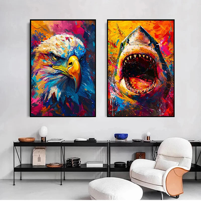 Quadro Decorativo Animais Abstrato Grafite — Leão, Tigre e Lobo para Sala