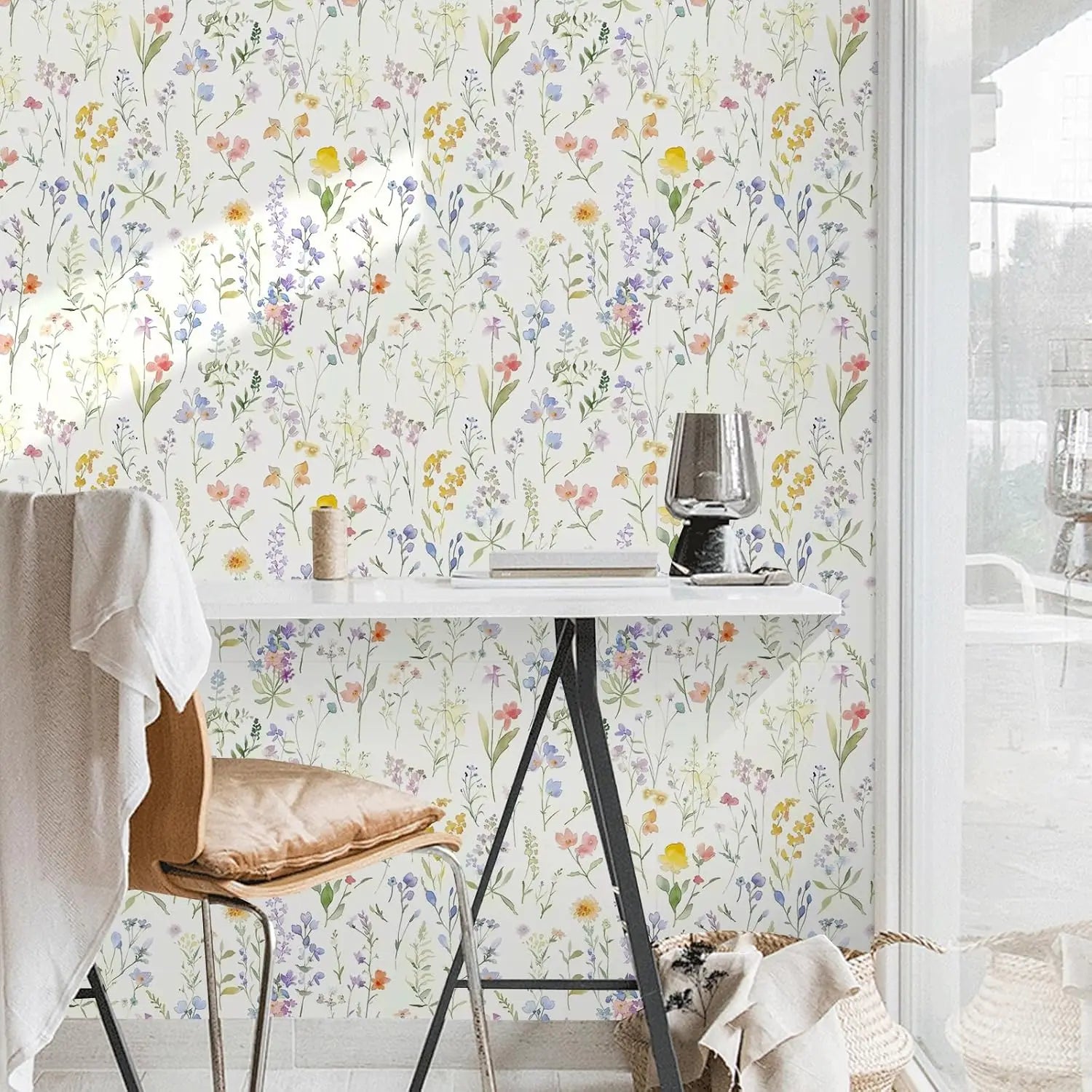 Papel de Parede Boho Floral com Folhas Removível Autocolante — Para Banheiro e Quarto