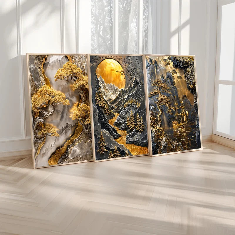 Quadro Decorativo Árvore Dourada e Lua — Arte Abstrata Zen