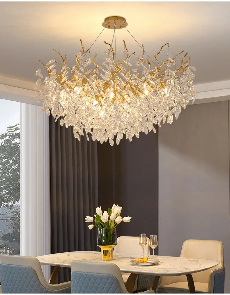 Lustre de Cristal Dourado LED — Pendente de Luxo para Sala