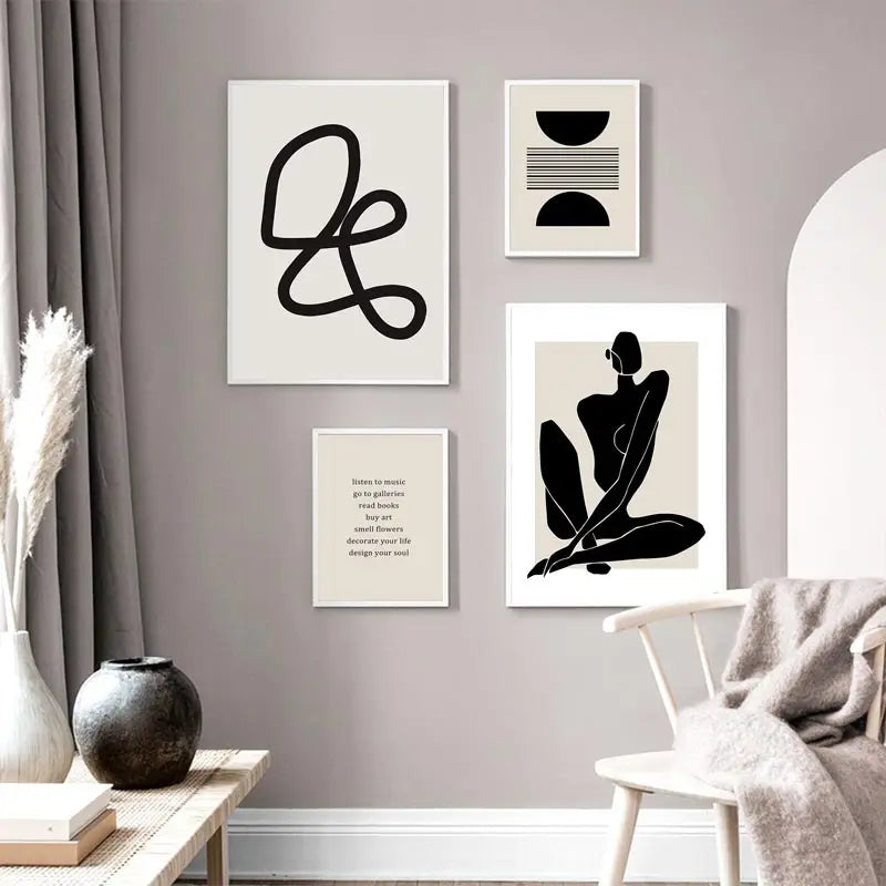 Quadro Decorativo Geométrico Boho Preto e Bege — Arte Abstrata para Sala