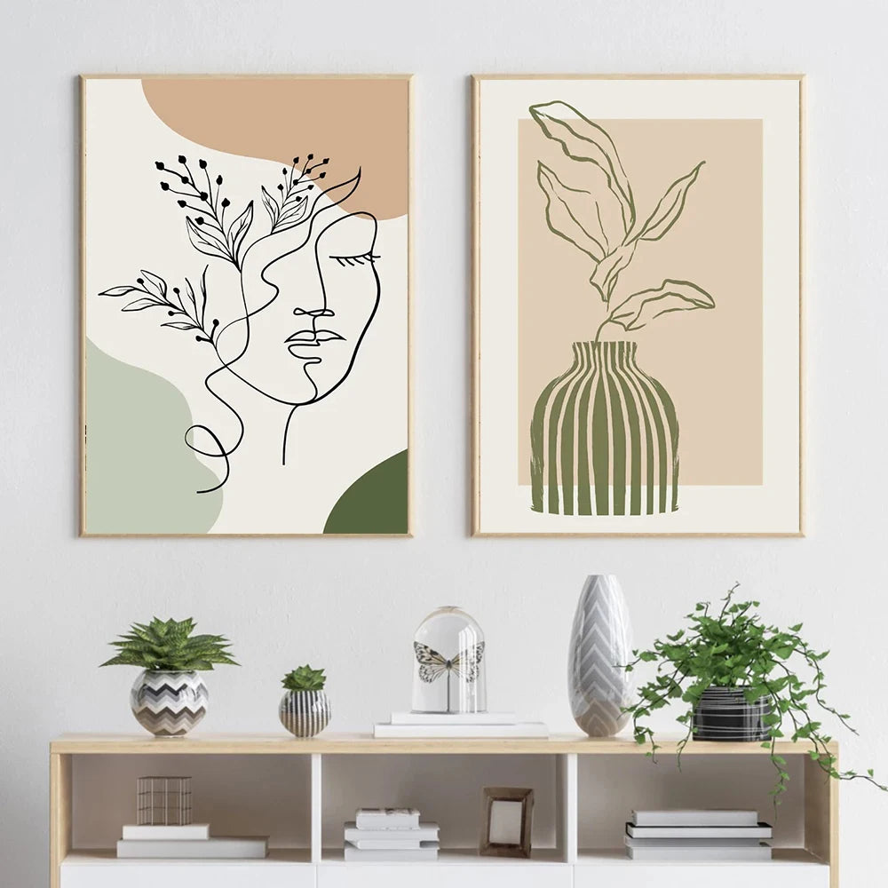 Quadro Decorativo Plantas Verde Sage Boho — Arte Geométrica Nórdica para Sala
