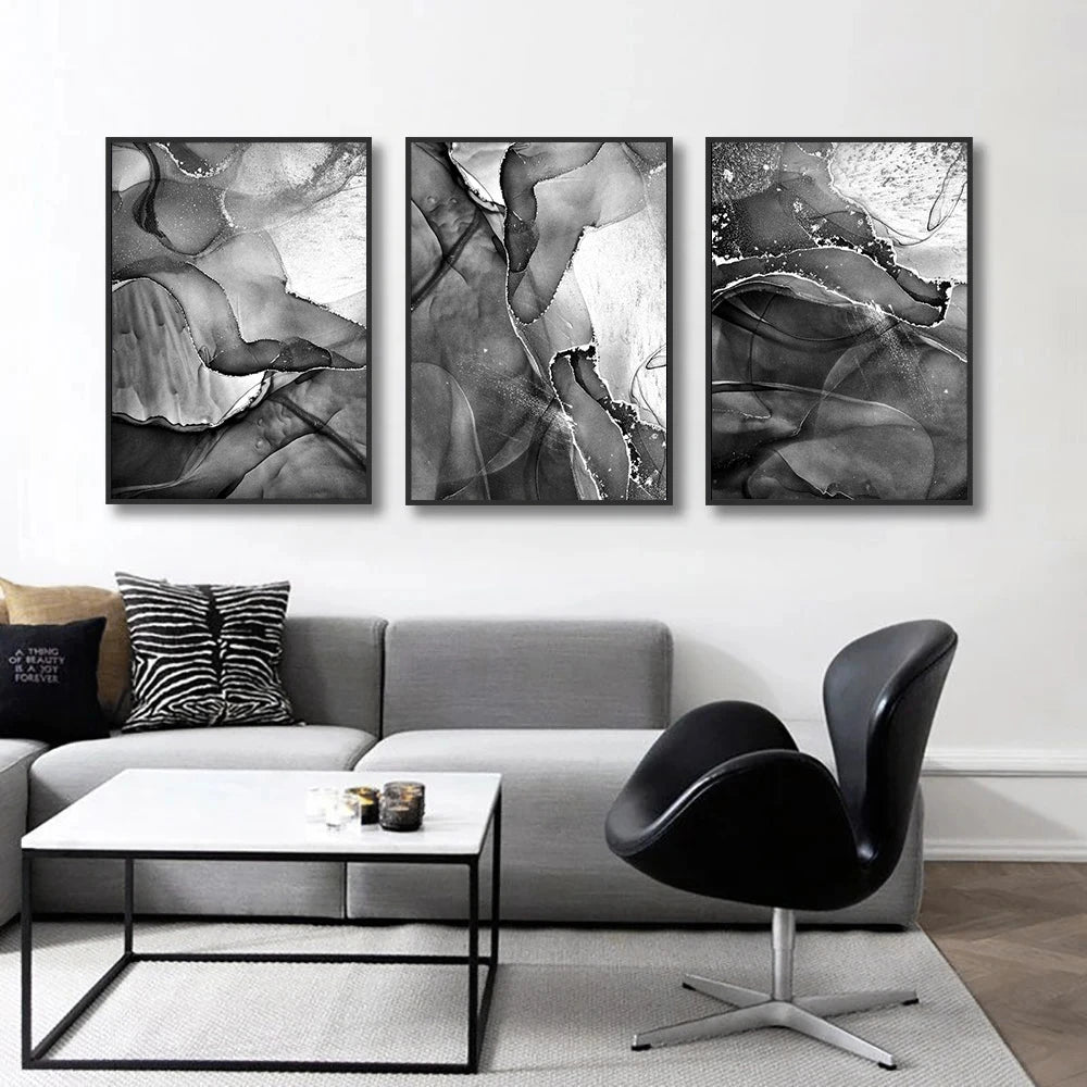 Quadro Canvas Mármore Abstrato Preto e Branco — Poster Nórdico para Sala e Quarto