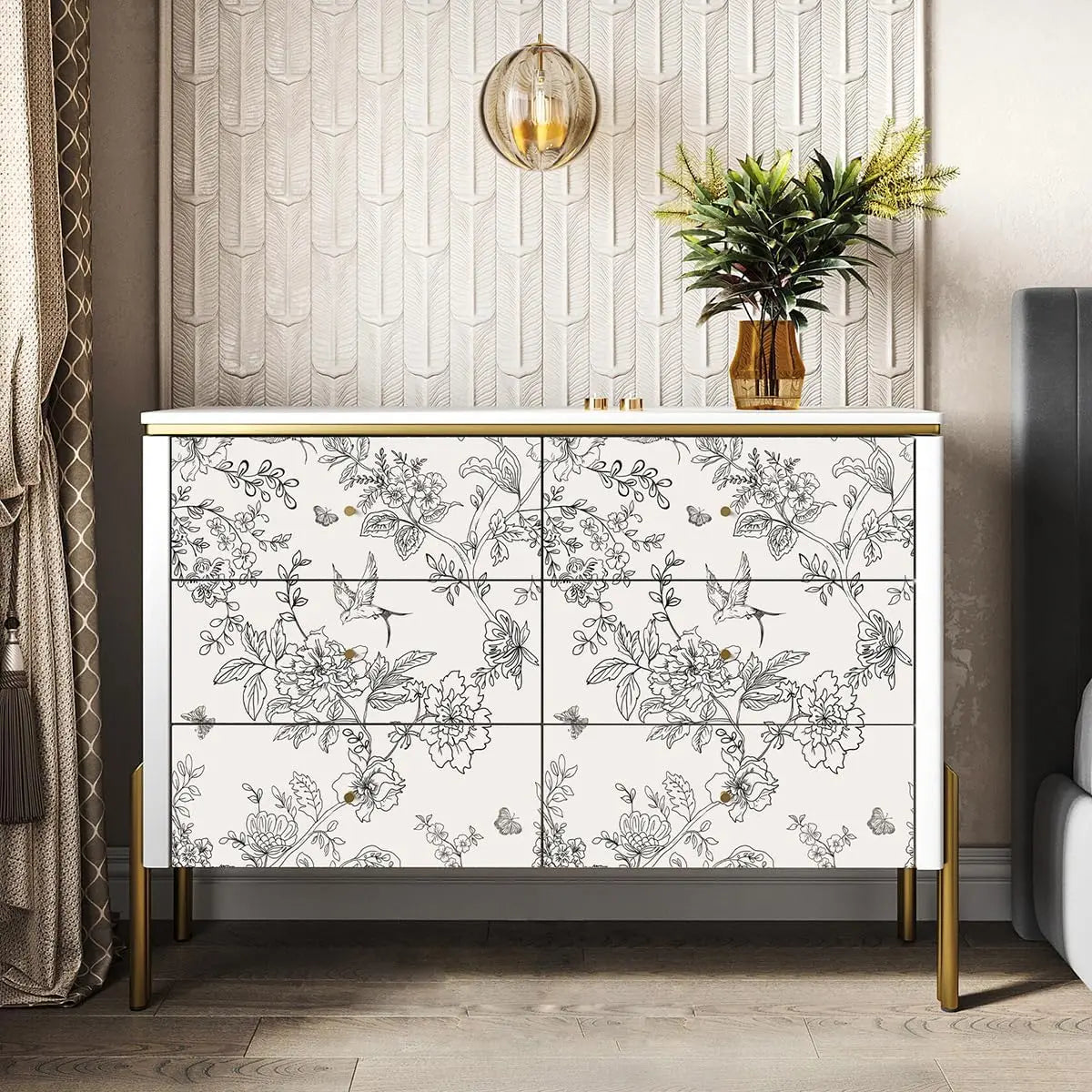 Papel de Parede Floral Preto e Branco com Pássaros — Autocolante Removível Elegante