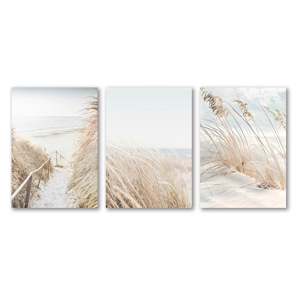 Kit 3 Quadros Paisagem Praia Branca — Arte Nórdica para Sala e Quarto