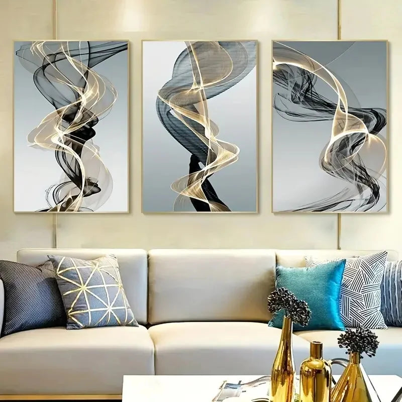 Kit 3 Quadros Canvas Ribbon Abstrato — Arte Nórdica para Quarto, Sala e Corredor