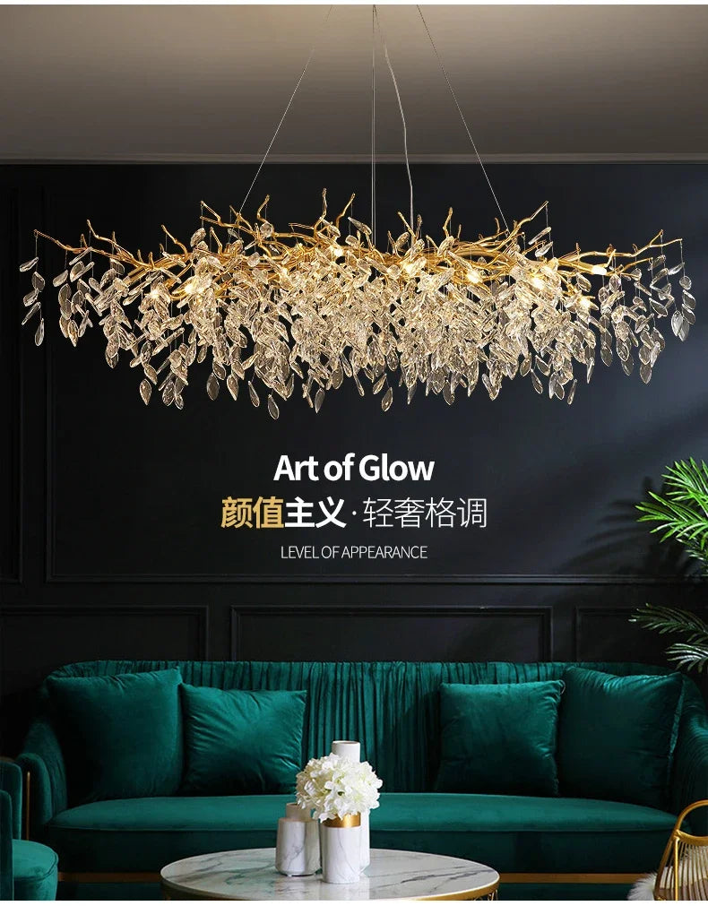Lustre de Cristal Dourado LED — Pendente de Luxo para Sala