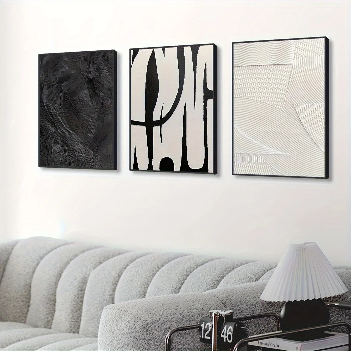 Kit 3 Quadros Abstratos Preto e Branco — Arte em Textura para Decoração