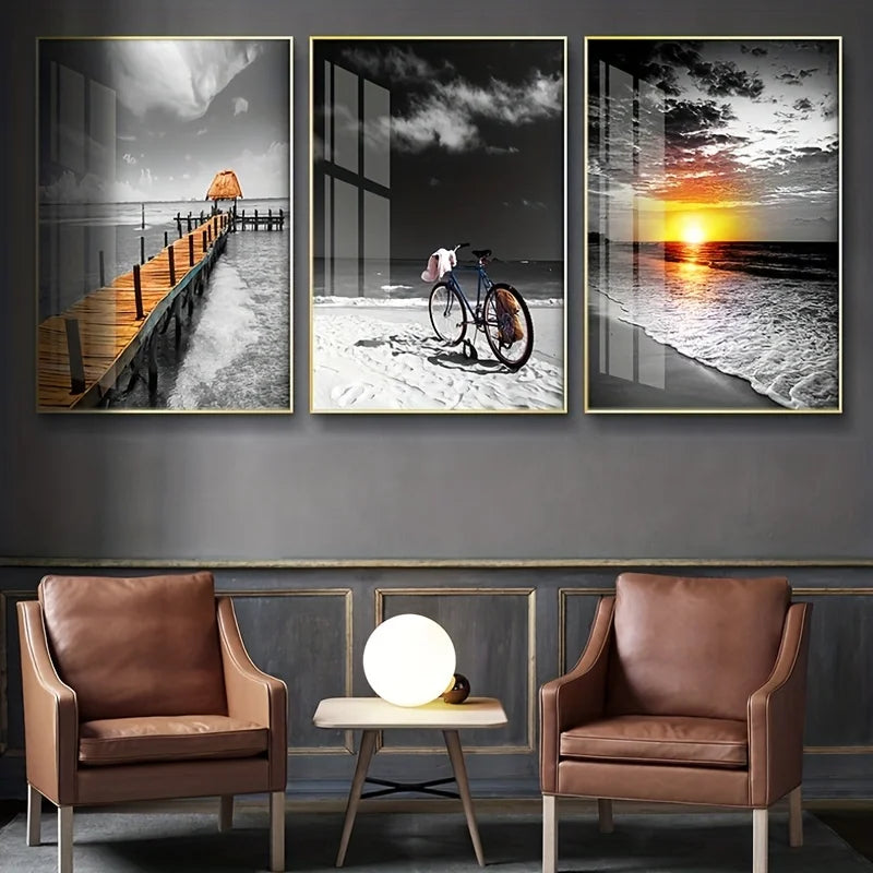 Kit 3 Quadros Canvas Praia ao Nascer do Sol — Paisagem Preto e Branco para Sala e Quarto