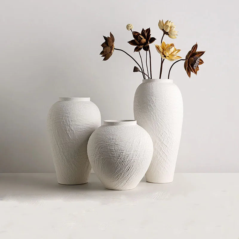 Vaso Wabi Sabi Cerâmica Minimalista — Flores Secas Estilo Mármore e Travertino