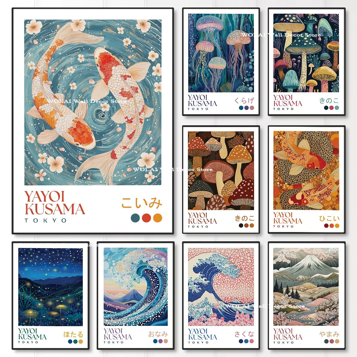 Quadro Decorativo Carpas Koi e Medusas — Arte Japonesa Estilo Hokusai para Sala