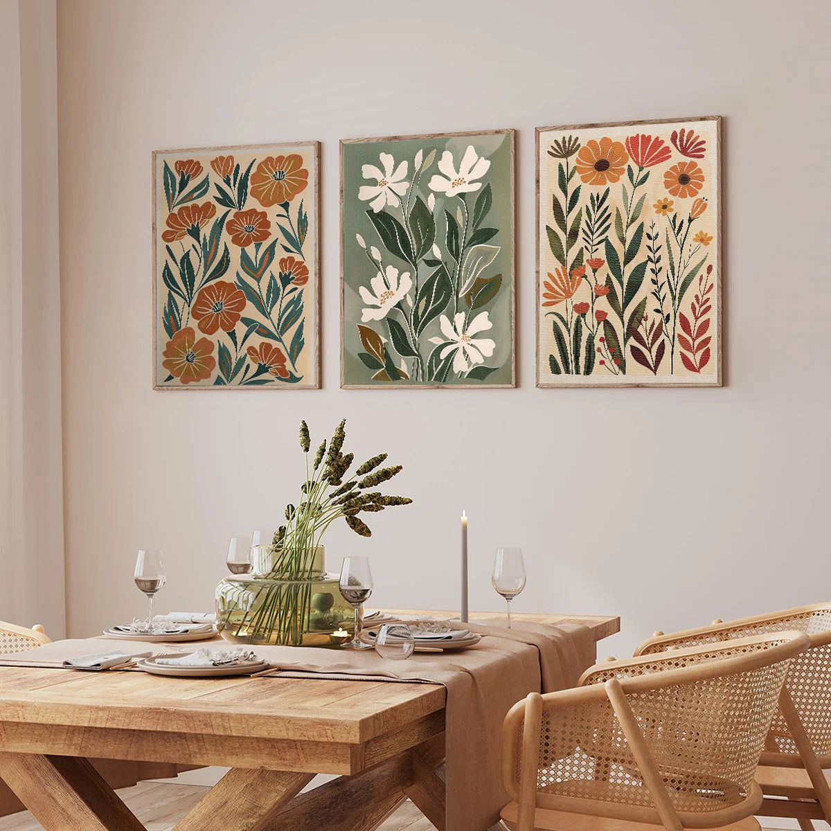 Quadro Decorativo Floral Boho Primaveril — Arte Botânica para Sala e Quarto