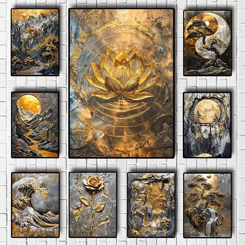 Quadro Decorativo Árvore Dourada e Lua — Arte Abstrata Zen