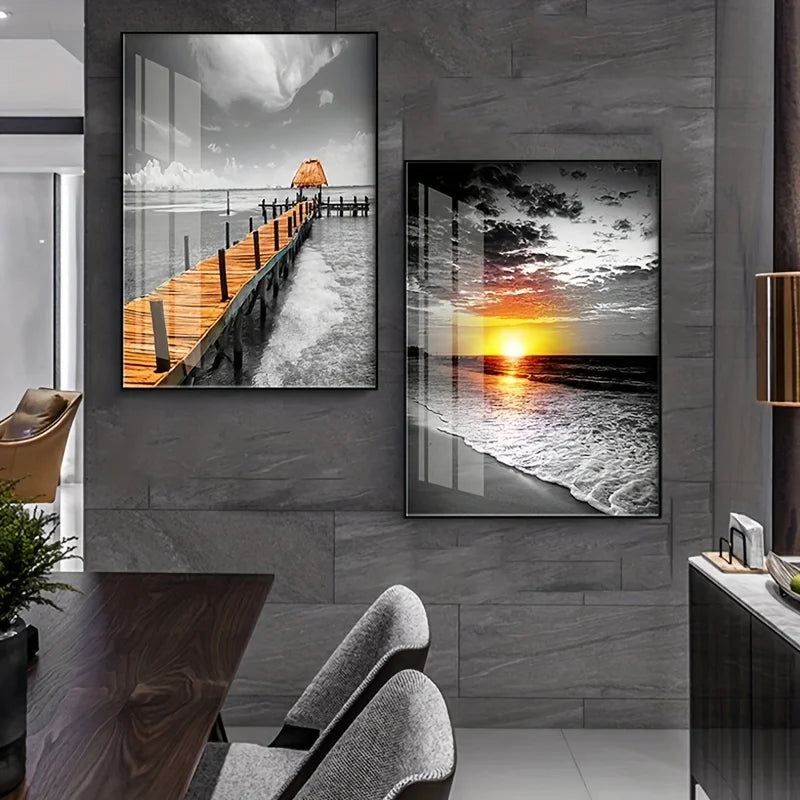 Kit 3 Quadros Canvas Praia ao Nascer do Sol — Paisagem Preto e Branco para Sala e Quarto