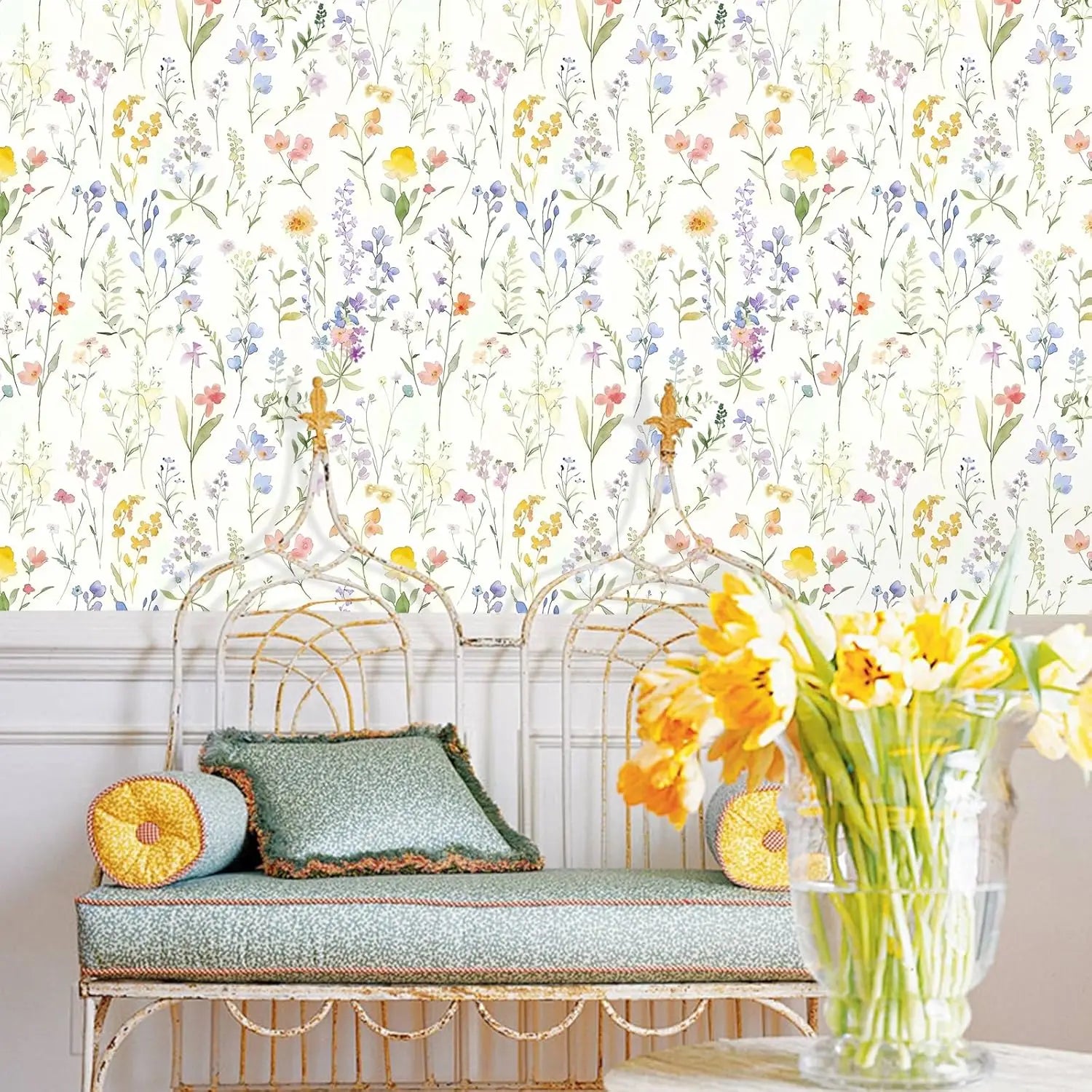 Papel de Parede Boho Floral com Folhas Removível Autocolante — Para Banheiro e Quarto