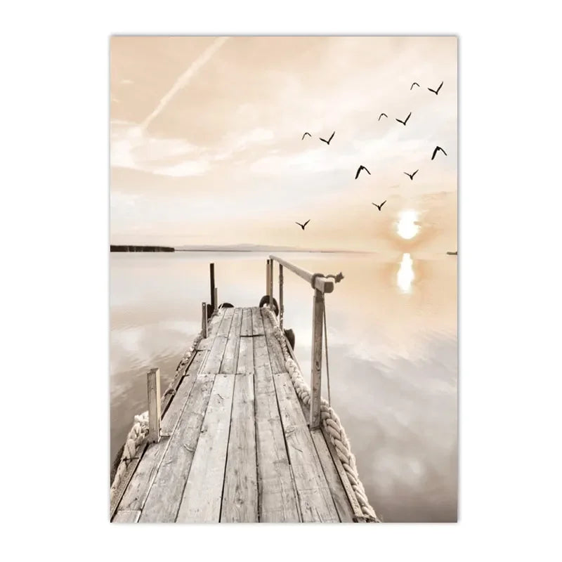 Quadro Decorativo Pôr do Sol Lago e Barco — Arte de Paisagem Nórdica para Sala