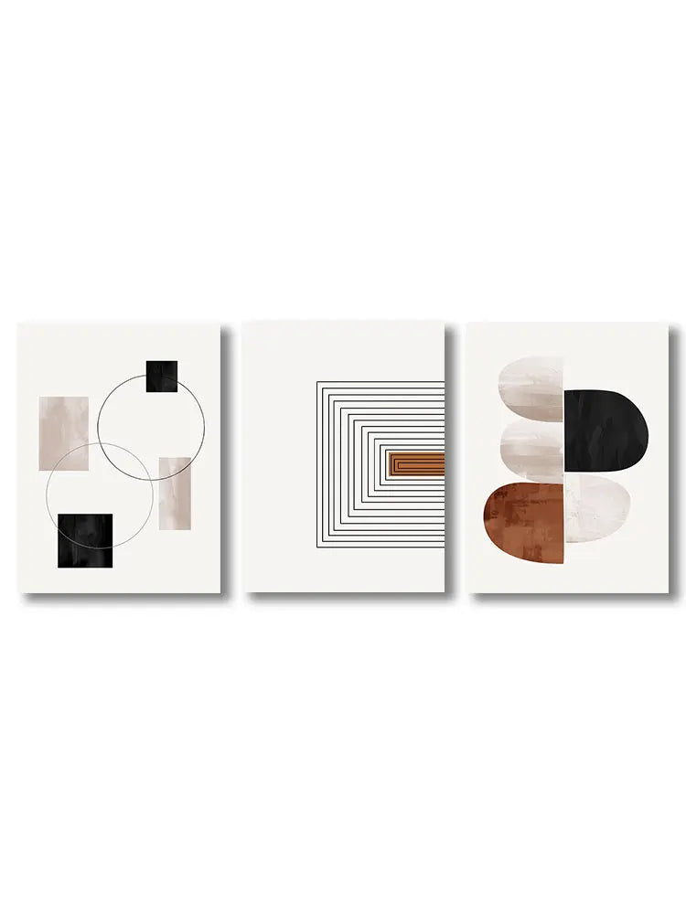Kit 3 Quadros Canvas Arte Geométrica Abstrata — Linhas Preto e Branco Nórdico