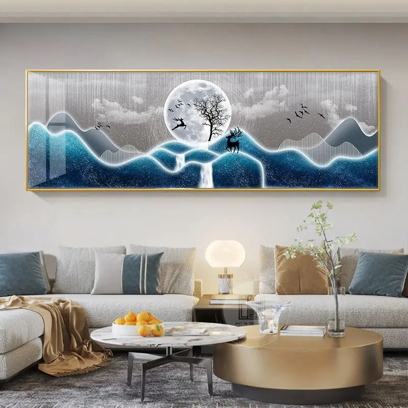 Quadro Decorativo Cervo Dourado Estilo Chinês — Arte Feng Shui para Sala sem Moldura