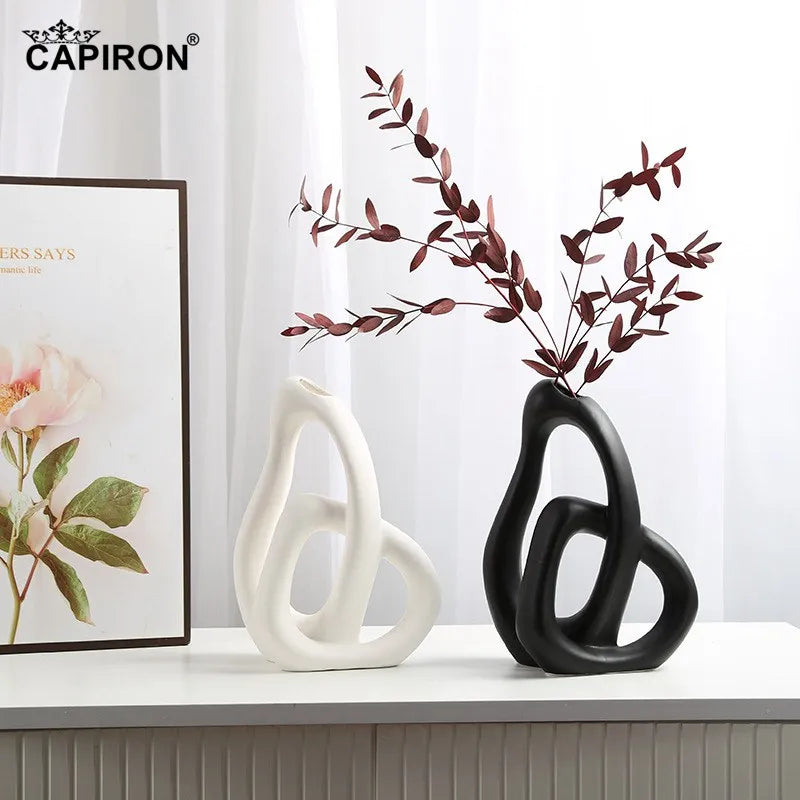 Vaso Cerâmica Abstrato CAPIRON — Arranjo Floral e Capim dos Pampas para Sala e Escritório